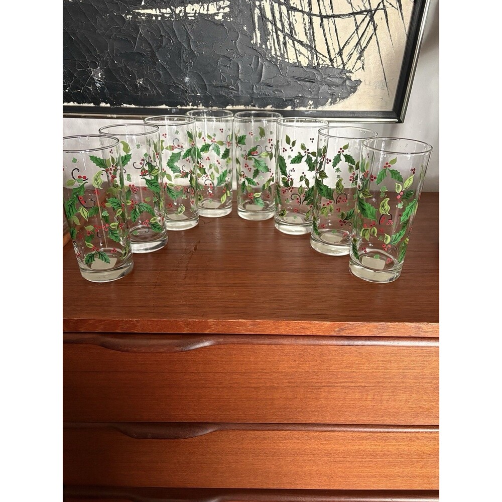 Libbey 817CD Holly Holiday Clear Glass Tumblers Set of 8, 429 mL Red/Green